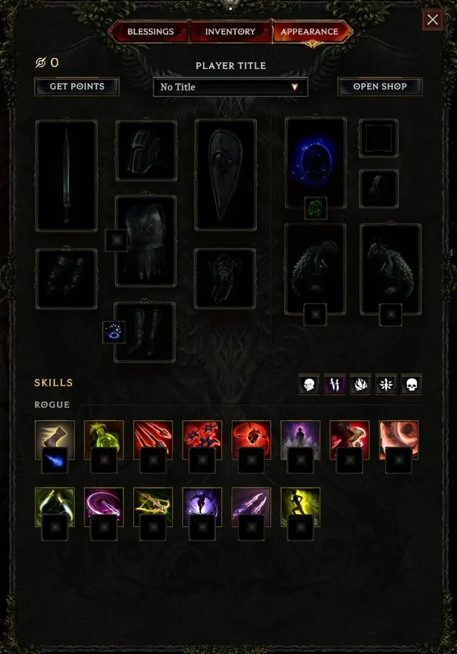 Last Epoch Appearance panel with equipment cosmetic slots and class skill cosmetic slots