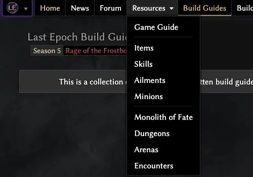 Last Epoch Tools Resources menu with Game Guide, Items, Skills, Ailments, Minions, and endgame databases
