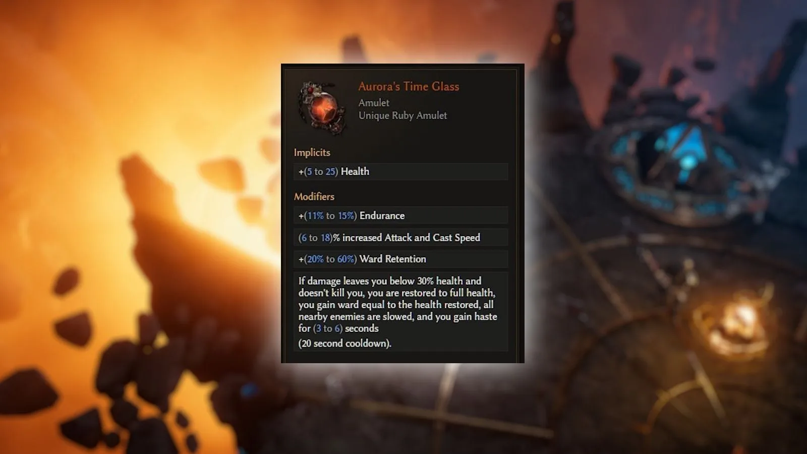 Last Epoch Aurora's Time Glass unique amulet tooltip