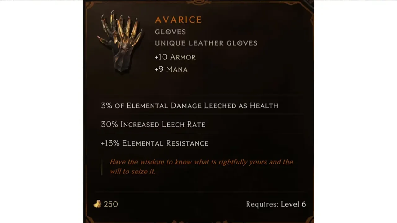 Last Epoch Avarice unique gloves item card