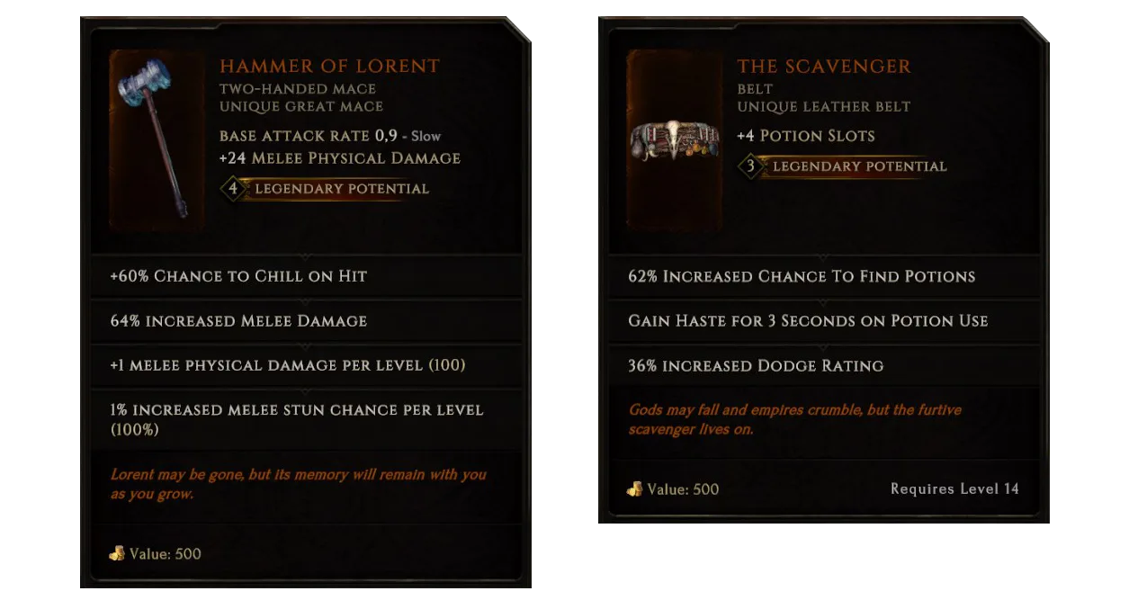 Last Epoch unique Hammer of Lorent and The Scavenger item tooltips showing Legendary Potential and unique modifiers