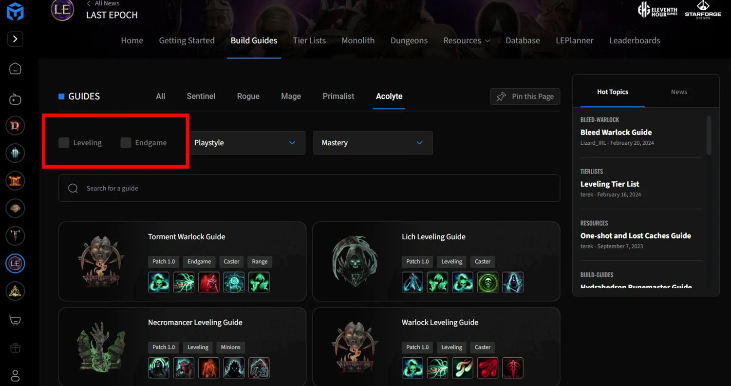 Maxroll Last Epoch build guide filters showing Leveling and Endgame choices