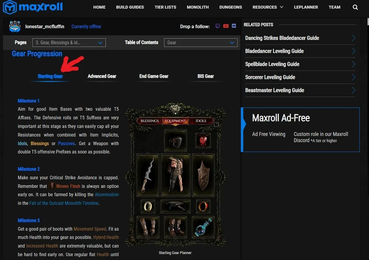 Historical Maxroll gear tabs for Starting, Advanced, End Game, and BIS equipment