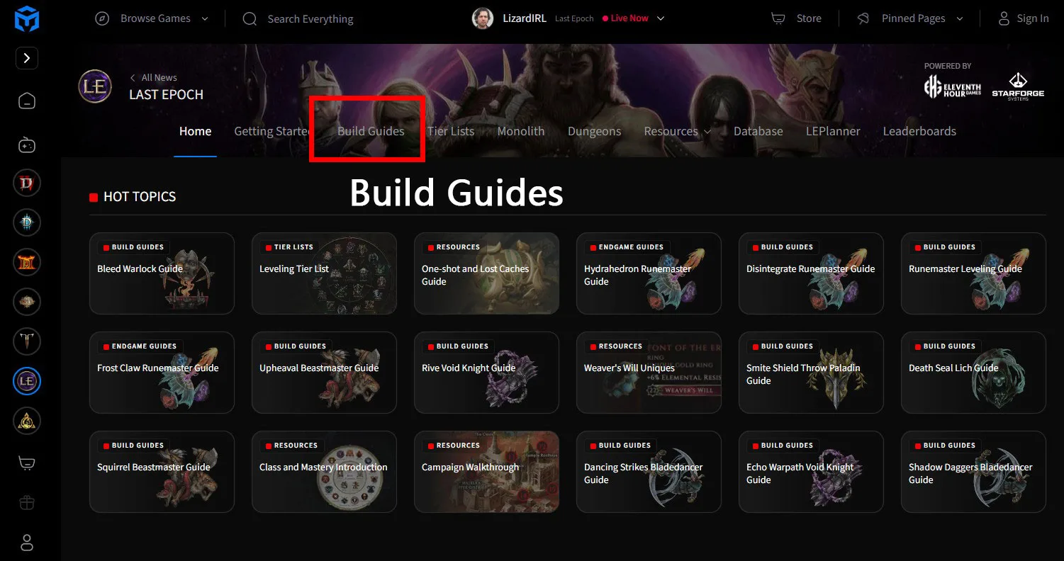 Maxroll Last Epoch navigation example with guides, tier lists, endgame resources, and planner links