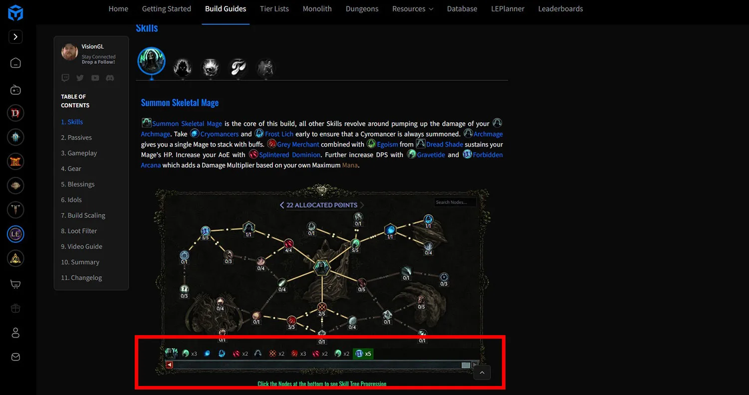 Historical Maxroll Last Epoch Skills and Passives panel with skill trees and a progression slider