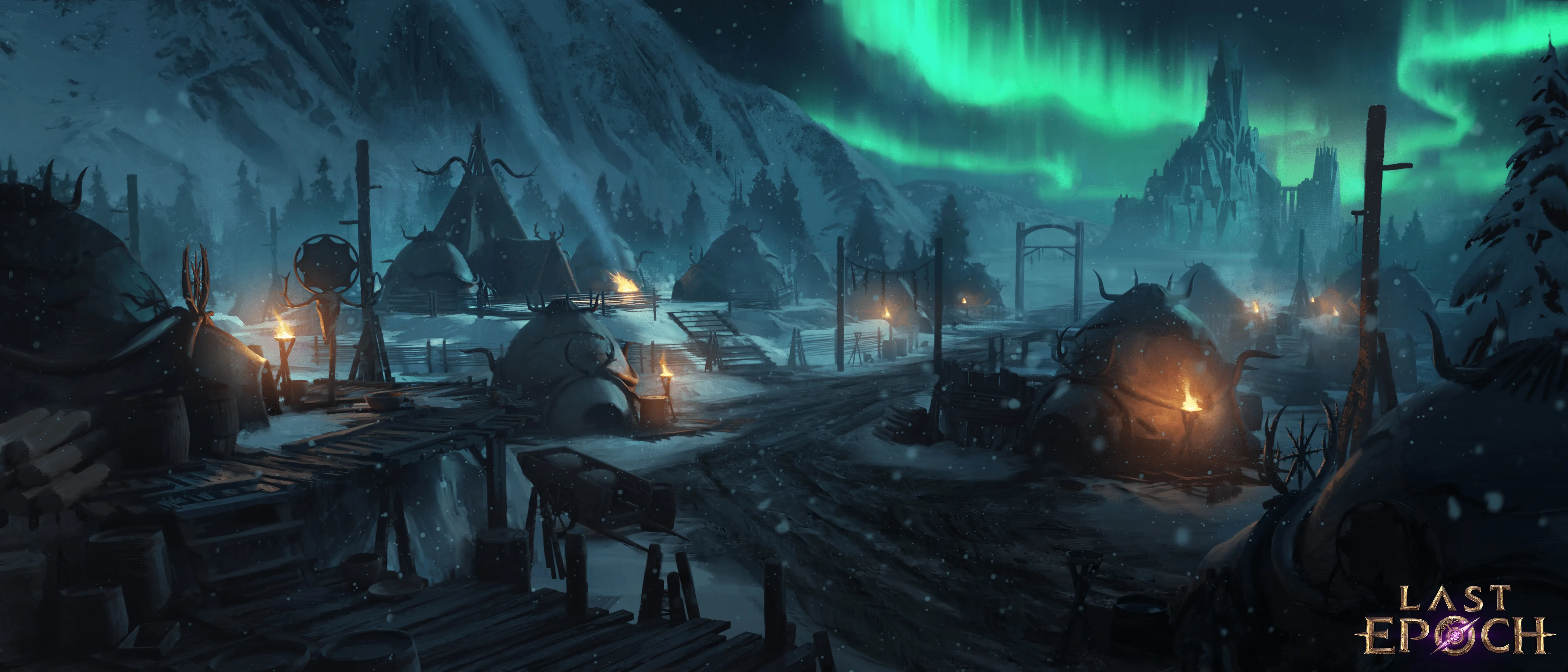 Official Last Epoch environment art showing a camp beneath an aurora