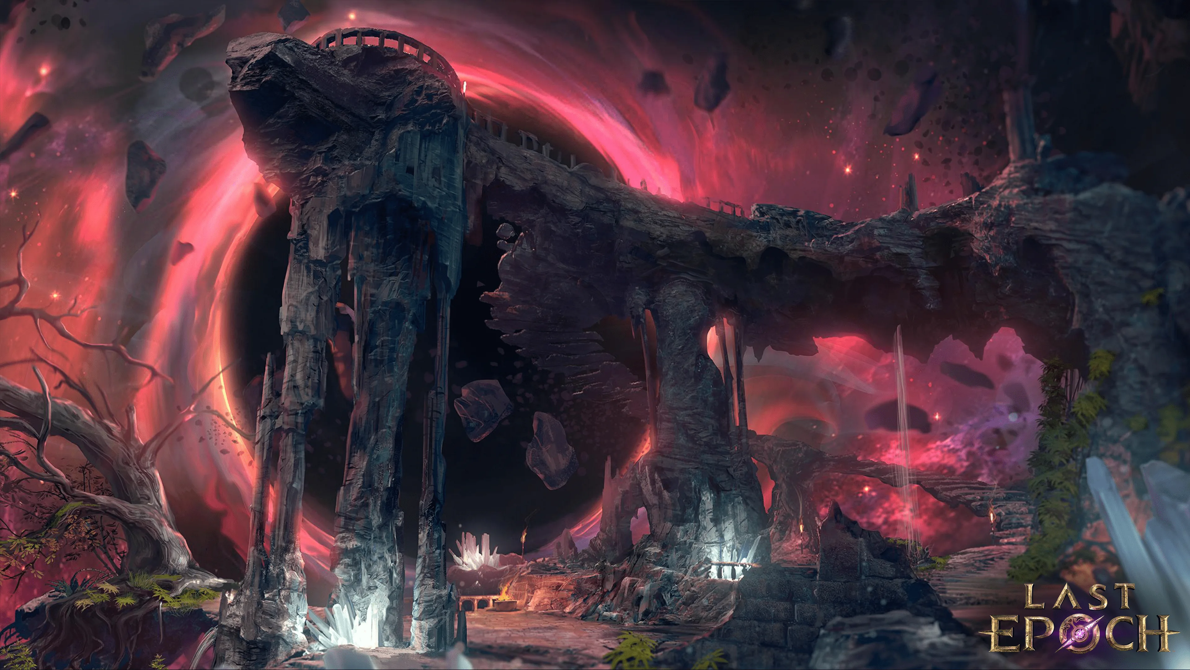 Official Last Epoch game art showing a ruined gateway in red light