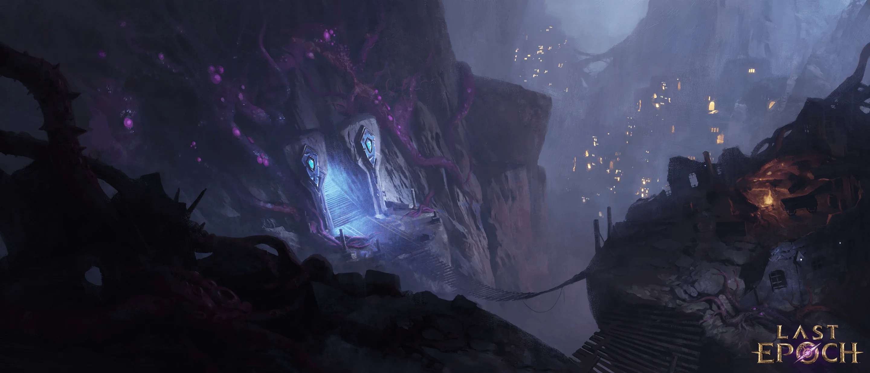 Official Last Epoch environment art with a violet cavern and blue light