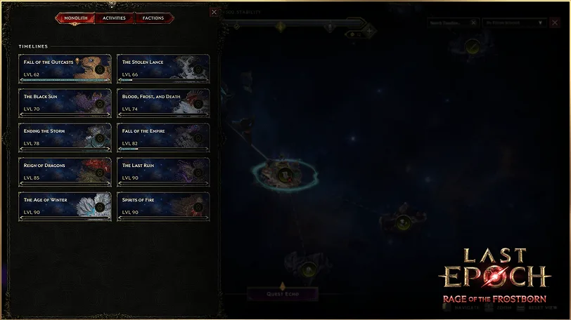 Last Epoch Nexus interface showing Monolith timelines and endgame activities