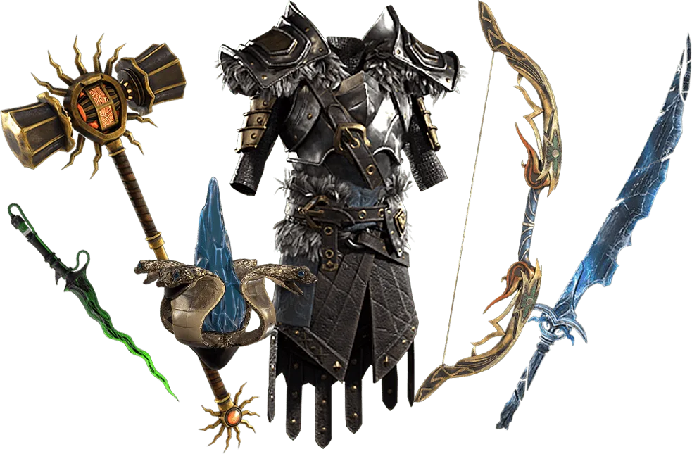 Last Epoch equipment display with armor, weapons, and idols
