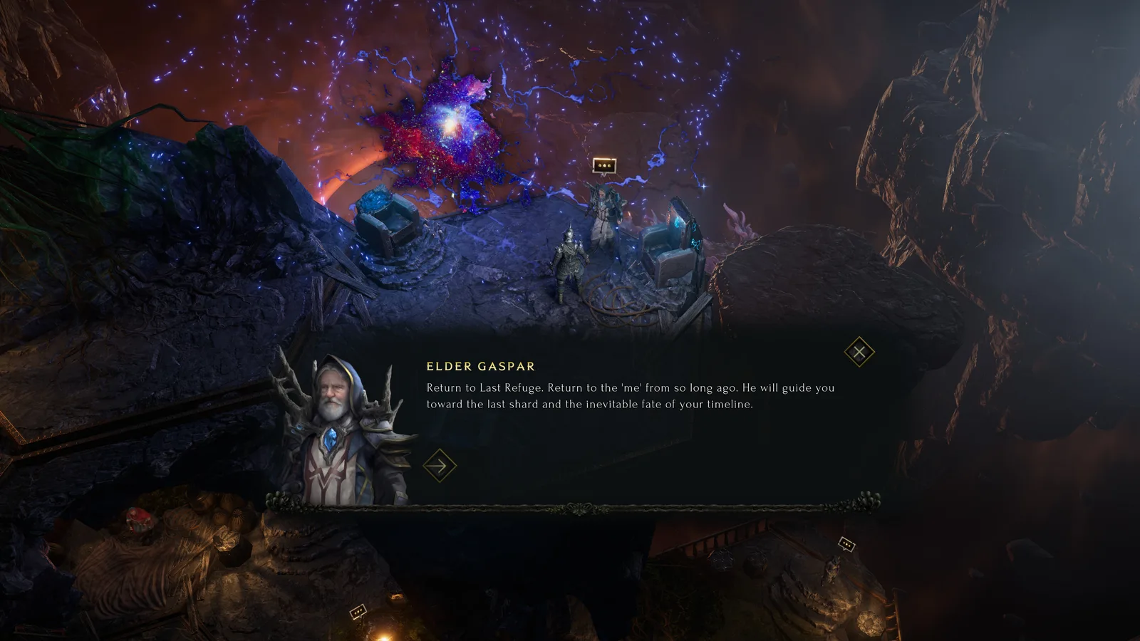 Last Epoch dialogue scene beside a glowing rift in ruined Eterra